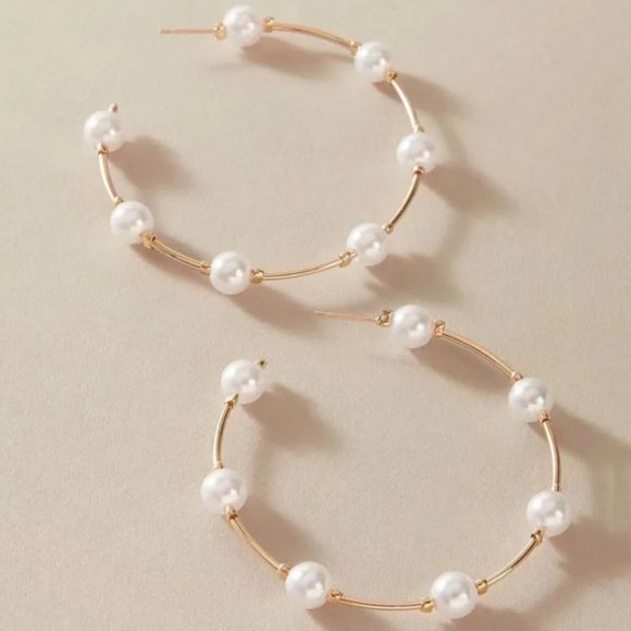 Gold & Pearl Round Hoop Earrings NEW - Picture 3 of 7